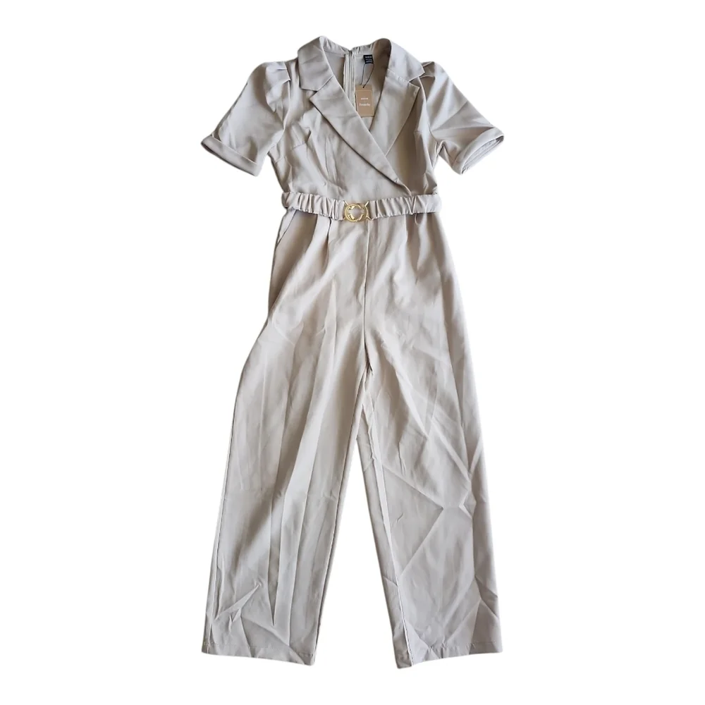 SHEIN Beige Belted Utility Jumpsuit Short Sleeve Wide Leg EU 40 US 8 10 - Picture 2 of 12